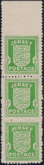 134524 1941 ½D JERSEY 'ARMS' STRIP OF THREE, TOP STAMP 'IMPERFORATE BETWEEN STAMP AND SHEET MARGIN'.