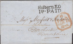 134659 1845 MAIL LONDON TO DORCHESTER WITH 'Holborn.E.O/1D.PAID' RECEIVERS HAND STAMP (L509/HHOLEO19a).