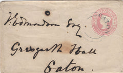 134899 CIRCA 1850 1D PINK ENVELOPE USED LOCALLY IN CATON, LANCS, CANCELLED 'CATON' UDC IN DARK BLUE.