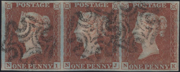 134949 1841 1D RED PL.5 (SG7) USED STRIP OF THREE LETTERED NI NJ NK.