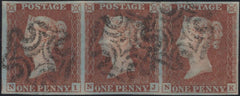 134949 1841 1D RED PL.5 (SG7) USED STRIP OF THREE LETTERED NI NJ NK.