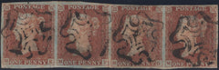134950 1841 1D RED PL.5 (SG7) HORIZONTAL STRIP OF FOUR LETTERED ME MF MG MH.