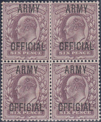 19996 - 1902 6D ARMY OFFICIAL (SG 050) MINT BLOCK OF FOUR. A good UNMOUNTED o...