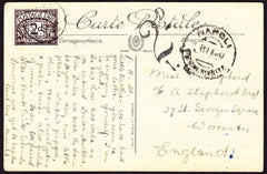 24941 -  1920 UNDERPAID MAIL NAPOLI TO WORCESTER. Post card Napoli to Worcester, posted unpaid with "2D/I.S." charge mark and 2d postage due cancelled WORCESTER 16 NO 20. (Ref 24941).