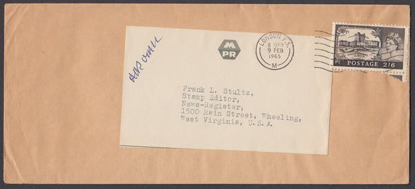 55111 1965 AIR MAIL LONDON TO USA WITH 2/6D CASTLE USAGE. Large envelope (228x102) London