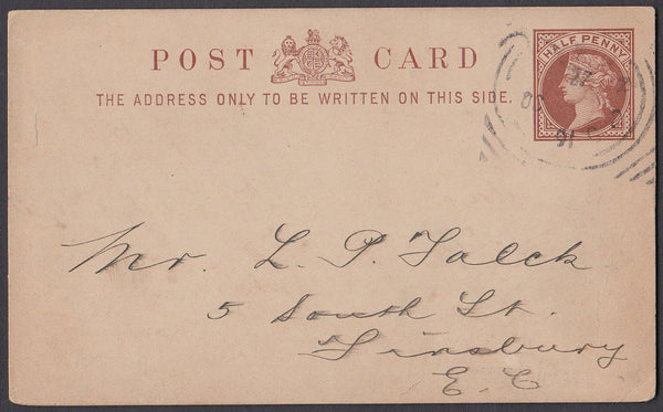 61450 1891 QV ½D BROWN POST CARD USED IN LONDON HOSTER CANCELLATION.