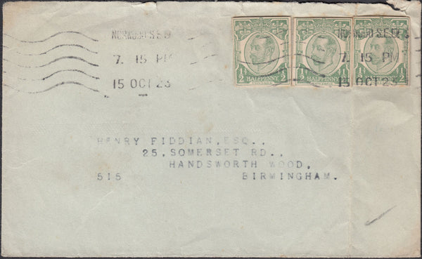 73017 - 1923 MAIL TO BIRMINGHAM WITH POSTAL STATIONERY CUTOUTS. Envelope