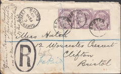 75549 -1893 REGISTERED MAIL EXETER TO BRISTOL WITH 1D LILACS (SG172). Envelope sent