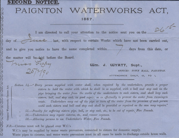 78056 - 1890 MAIL PAIGNTON LOCAL USAGE/'PAIGNTON WATERWORKS ACT'.
