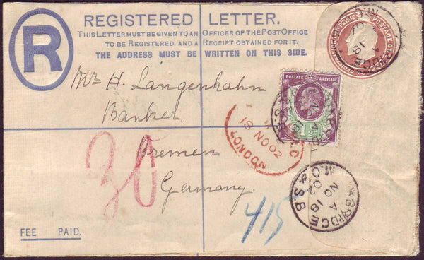 82601 - 1902 KEDVII 3d red/brown registered envelope London