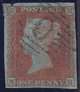 84325 - PL.134 (MH)(RED-BROWN ON VERY BLUED PAPER SG8a). Fine used 1852 1d pl.134 (SG8) lettered MH