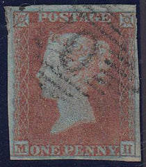 84325 - PL.134 (MH)(RED-BROWN ON VERY BLUED PAPER SG8a). Fine used 1852 1d pl.134 (SG8) lettered MH