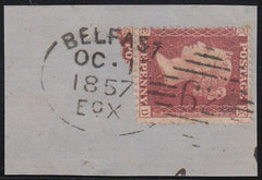85214 - BELFAST IRISH SPOON TYPE a (RA12). Piece with good to fine Die 2 1d rose-red on white paper (SG40) lettered RD, centred to left,