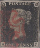 85824 1840-41 1D PL.5 MATCHED PAIR 1D BLACK (SG2) AND 1D RED (SG7) LETTERED AJ.