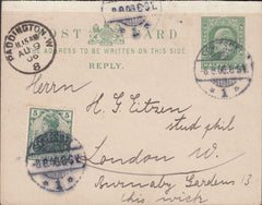 86664 - 1906 REPLY PAID PORTION OF GB KING EDWARD VII POST CARD GERMANY YO LONDON.