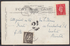 86687 - 1940 UNDERPAID MAIL. Post card Southport to Bristol with KGVI 1d ca...