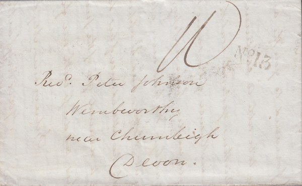 86796 1836 MAIL BRISLINGTON, BRISTOL TO CHUMLEIGH, DEVON WITH 'No.13' RECEIVER'S HAND STAMP OF BRISLINGTON.