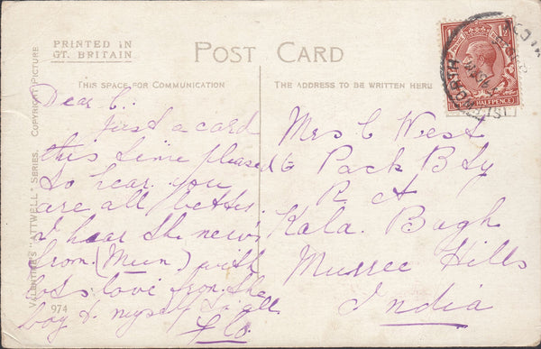 86956 - 1926 MAIL ISLEWORTH MIDDLESEX TO INDIA/'ISLEWORTH' SKELETON DATE STAMP. Post card Isleworth to India with K...