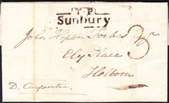 87932 - 1833 MIDDLESEX/'T.P. SUNBURY' HAND STAMP. Entire Sunbury to Holborn dated 21...
