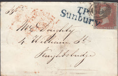 87937 - 1851 MAIL SUNBURY (MIDDLESEX) TO KNIGHTSBRIDGE/'TP SUNBURY' IN BLUE PART CANCELLING 1D IMPERF (SG8).ury to Knightsbridge ...