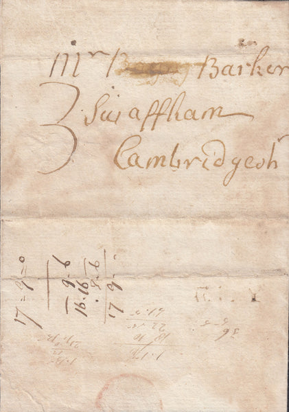 88153 - 1792 CAMBS/'ELY' HAND STAMP (CB99). Wrapper (some soiling) Ely to Swaffham...