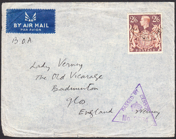 91263 - KGVI MAIL FROM FIELD POST OFFICE TO GLOS 2/6D BROWN (SG476). Undated envelope from an overseas Field Post Office t...