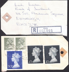 91820 - HIGH VALUE PACKET. 1973 parcel tag with WICK regis...