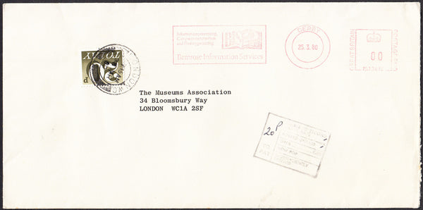 93143 - 1980 UNDENOMINATED METER MARK/POSTAGE DUE. Large envelope (220x110) Derby to London with unden...