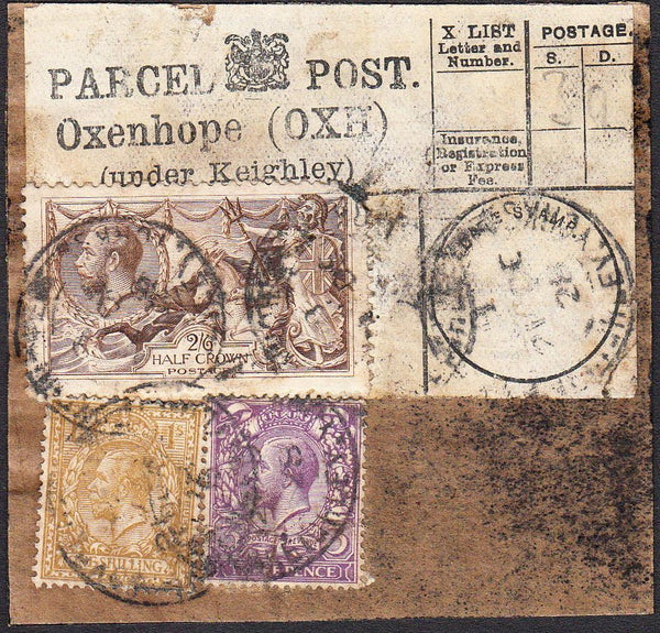 94716 1928 'OXENHOPE (OXH)/(Under Keighley)' PARCEL POST LABEL WITH KGV 2/6 SEAHORSE ISSUE (SG415).