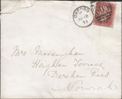 95737 - 1877 'O.U.S.' UNDERPRINT (SPEC PP154/PL.170(SG43)(QC) USED ON COVER OXFORD TO NORWICH.