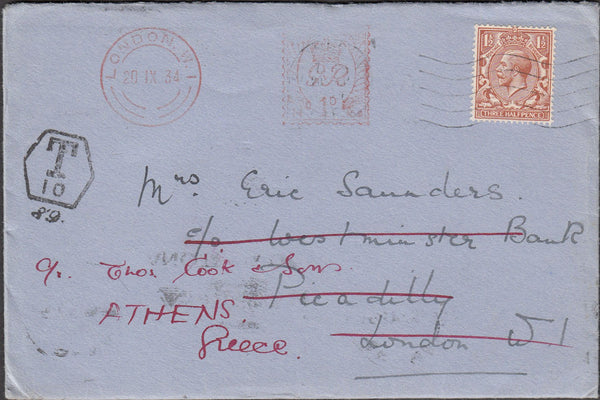 98297 - 1934 UNDERPAID/RE-DIRECTED MAIL TO GREECE.