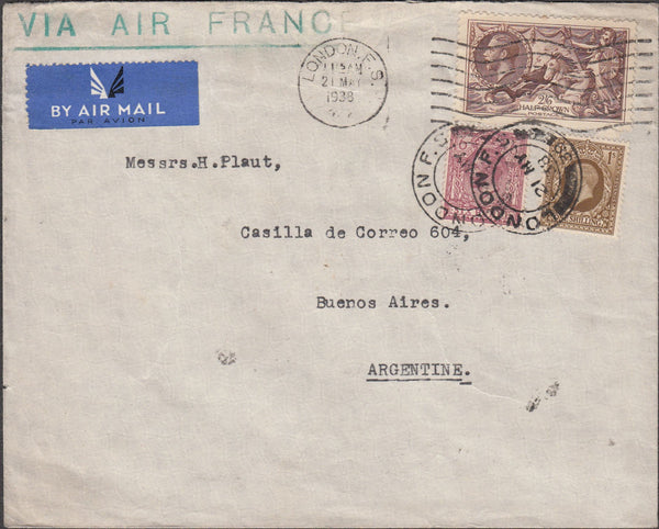 99754 - 1938 2/6D SEA HORSE (SG450) ON COVER TO ARGENTINA.