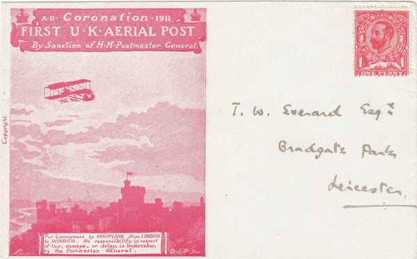 102882 - 1911 FIRST OFFICIAL U.K. AERIAL POST/UNUSED LONDON ENVELOPE IN SCARLET.