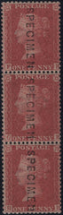 116496 1856 DIE 2 1D BRICK-RED (SG30) PL.35 VERTICAL STRIP OF THREE OVERPRINTED "SPECIMEN" (SPEC C8(2)t).