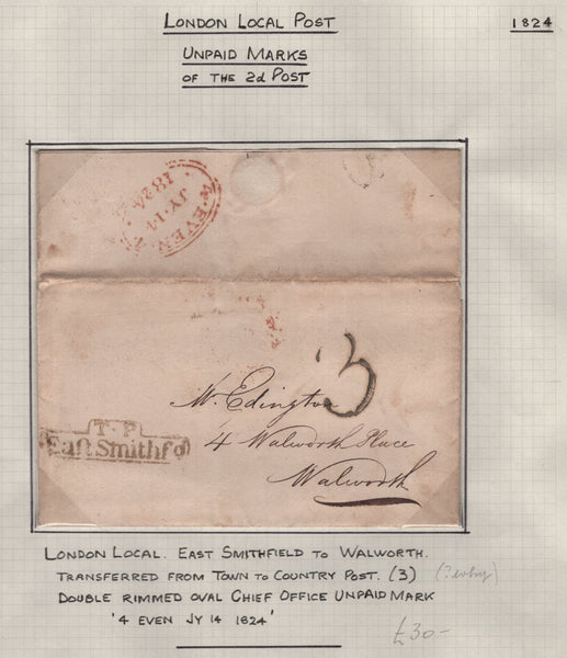 128091 COLLECTION OF LONDON 1809-1847 ONE PENNY POST/TWOPENNY POST HAND STAMPS (42 ITEMS).
