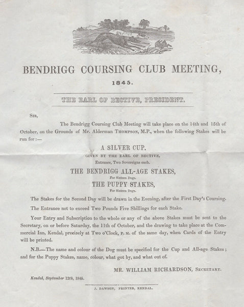 133517 1845 MAIL KENDAL, WESTMORLAND TO WENSLEYDALE WITH VERY FINE ILLUSTRATED LETTER 'BENDRIGG COURSING CLUB MEETING'.