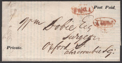 133523 1828 MAIL USED IN LIVERPOOL WITH TWO STRIKES OF THE RARE 'Paid 1' OVAL HAND STAMP (LL152).