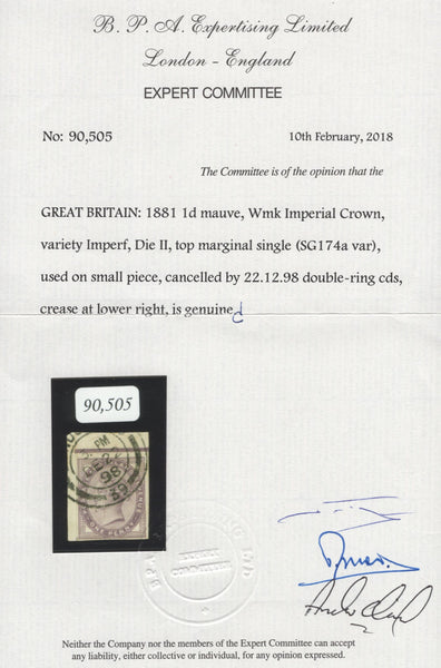 133814 1881 1D LILAC DIE 2 ERROR IMPERFORATE USED SINGLE (SG172).