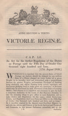 134250 1839 ACT 'FOR THE FURTHER REGULATION OF THE DUTIES ON POSTAGE UNTIL THE FIFTH DAY OF OCTOBER ONE THOUSAND EIGHT HUNDRED AND FORTY'.