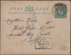 134380 1904 ½D GREEN POST CARD USED IN LONDON, UNDELIVERED WITH BOXED 'RETURNED TO/POST OFFICE/30 MY 04/N.W.D.O.' HAND STAMP.