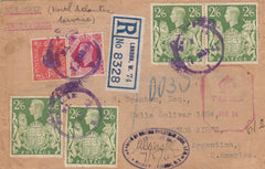 143401 1942 REGISTERED AIRMAIL/BPA LONDON TO BUENOS AIRES KGVI 2/6 YELLOW-GREEN (SG476b) X 4 ALSO 1d AND 8d.