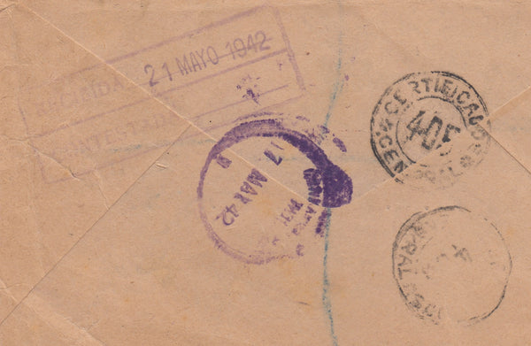 143401 1942 REGISTERED AIRMAIL/BPA LONDON TO BUENOS AIRES KGVI 2/6 YELLOW-GREEN (SG476b) X 4 ALSO 1d AND 8d.