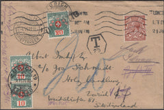 134624 1919 UNDERPAID MAIL LONDON TO ZURICH WITH SWISS POSTAGE DUES.