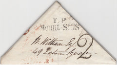 134670 1839 TRIANGULAR ENVELOPE USED LOCALLY IN LONDON WITH '2' CHARGE MARK AND 'T.P/Mount St.GS' HAND STAMP (L505).