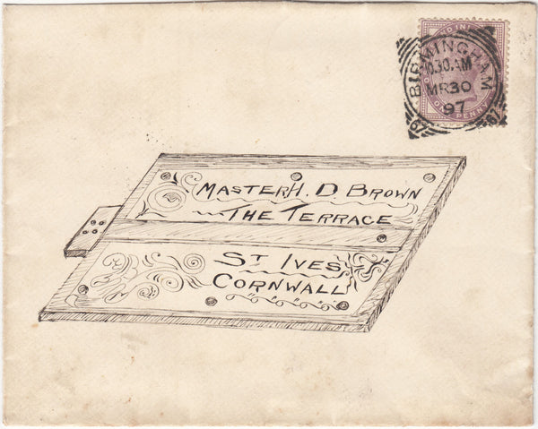 143691 1897 MAIL BIRMINGHAM TO ST. IVES, CORNWALL 1d LILAC (SG172), ADDRESS HAND ILLUSTRATED WITHIN A DECORATIVE BOX LID.