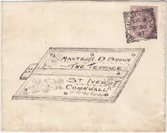 143691 1897 MAIL BIRMINGHAM TO ST. IVES, CORNWALL 1d LILAC (SG172), ADDRESS HAND ILLUSTRATED WITHIN A DECORATIVE BOX LID.
