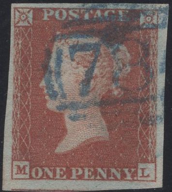 134991 1849 1D PL.96 (SG8)(ML) WITH BLUE '784' NUMERAL OF TENBY.