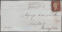 135005 1843 MAIL KIRK OSWALD, CUMBERLAND TO BRAMPTON WITH 1D (SG8) AND 'KirkOswald/Penny Post' HAND STAMP (CU314).
