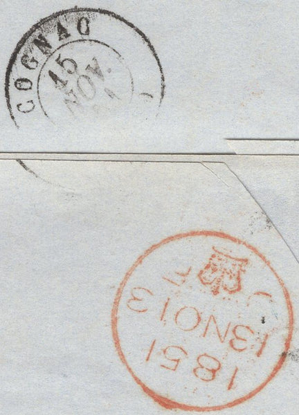 135014 1851 UNPAID MAIL CARLISLE TO COGNAC, FRANCE.