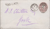 135015 1871 1D PINK ENVELOPE CARLISLE TO YORK WITH 'TOO-LATE' HAND STAMP.